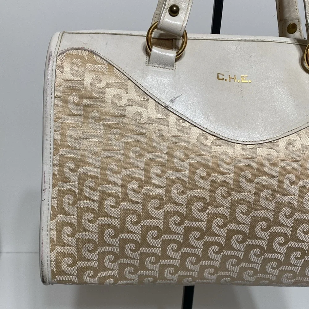 Vintage Pierre Cardin 1970’s Monogram Canvas and Leather Satchel Purse in Ivory